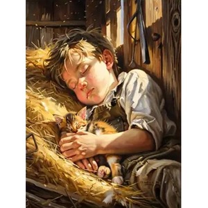 Diamentowa Mozaika Chłopiec śpiący na sianie z kotkiem NO-2003010