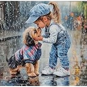 Diamentowa Mozaika Dziewczyna i pies buziak w deszczu NO-2003005