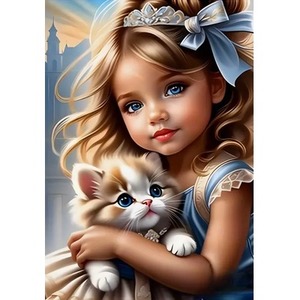 Diamentowa Mozaika Dziewczynka z kokardą i kotkiem NO-2001402