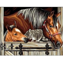 Diamentowa mozaika konie tulące kota w boxie NO-1006787