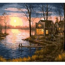 Malowanie po numerach Domek nad jeziorem zachód słońca