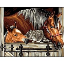 Malowanie po numerach Konie z kotem w stajni