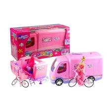 Różowy pojazd dla lalki z rowerem Camper Camping